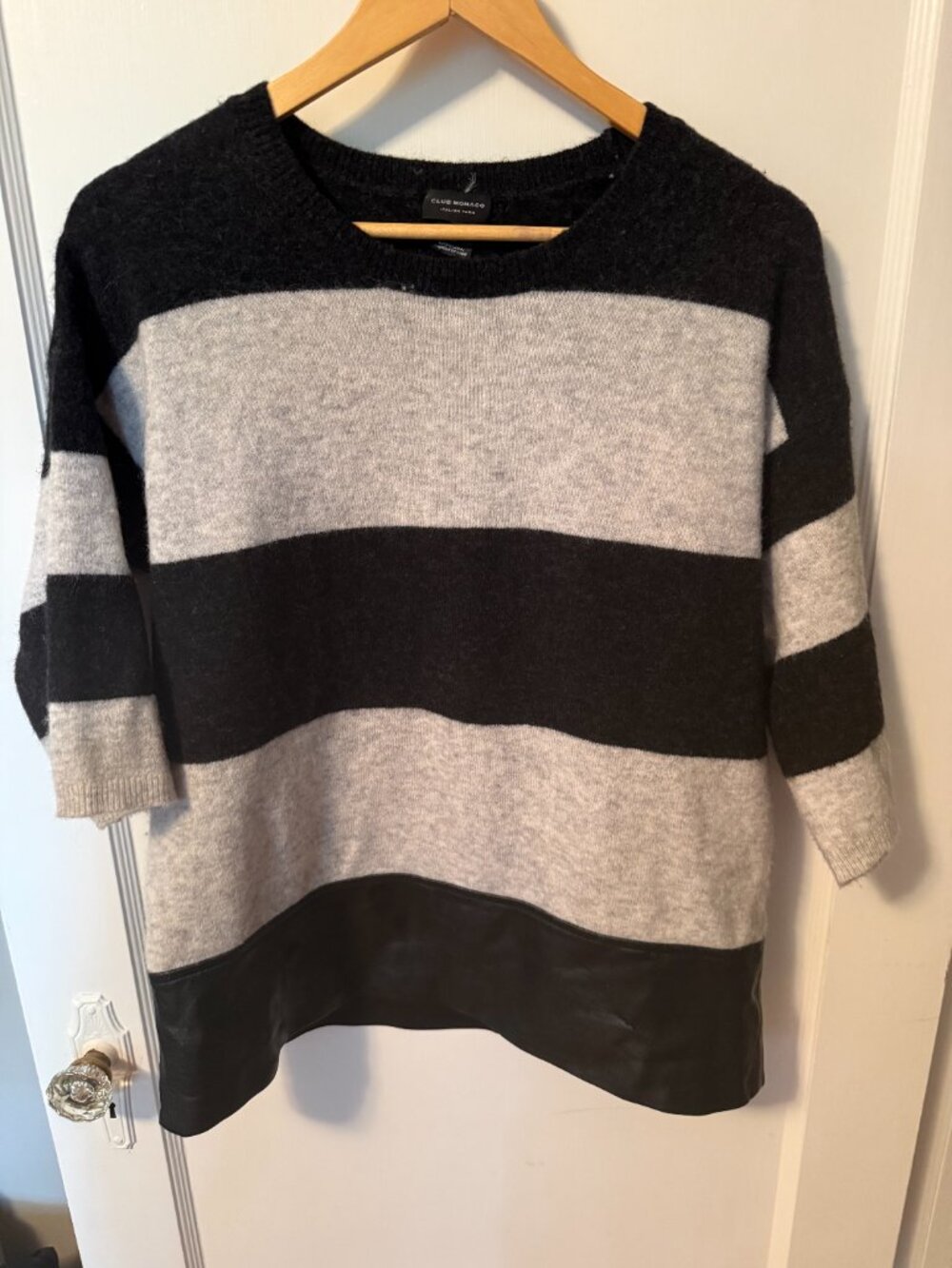 Club Monaco Italian Wool Collection-striped sweater with leather detail